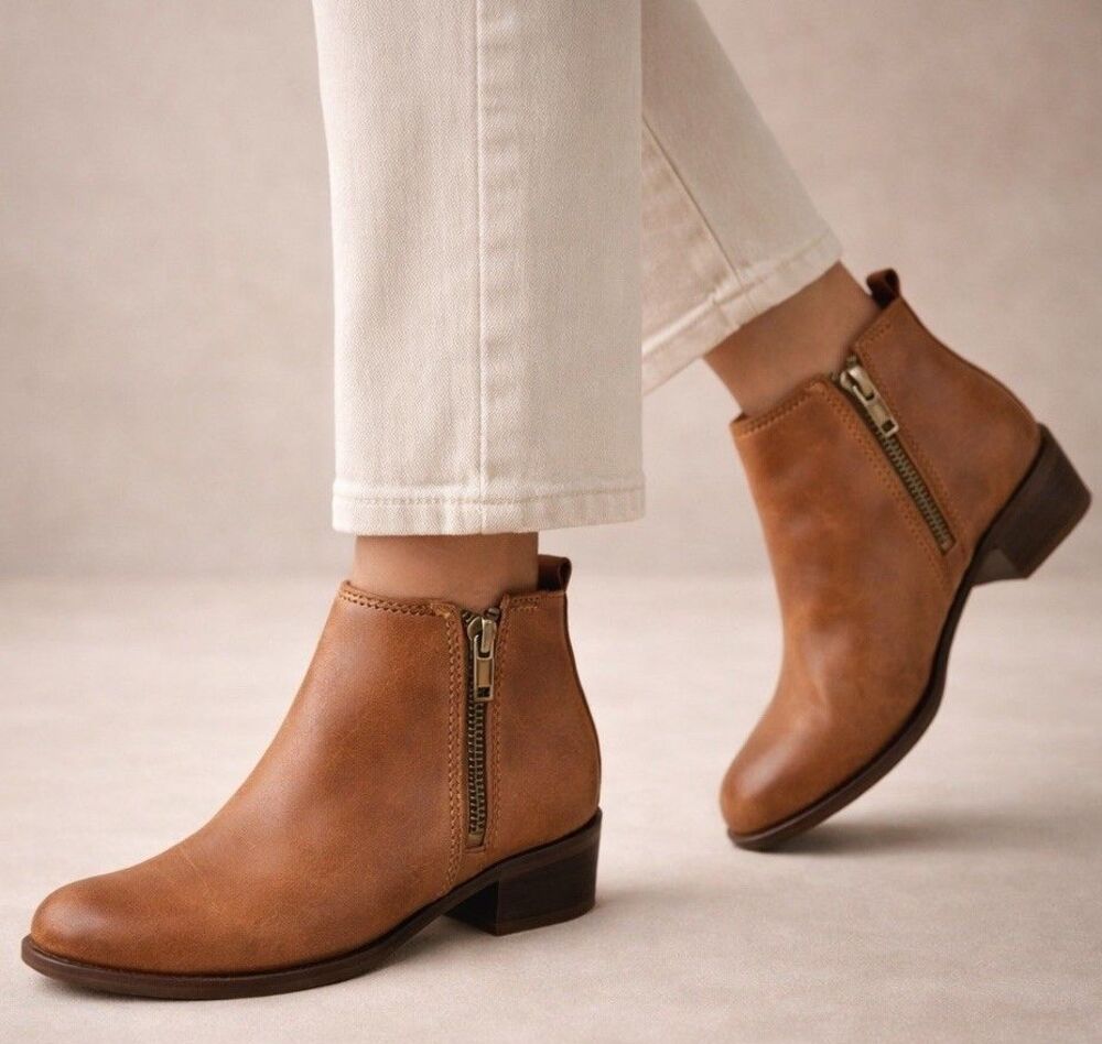 Lucky Brand Leather Ankle Boots Dual Zip Brown Low Heel Women 6.5